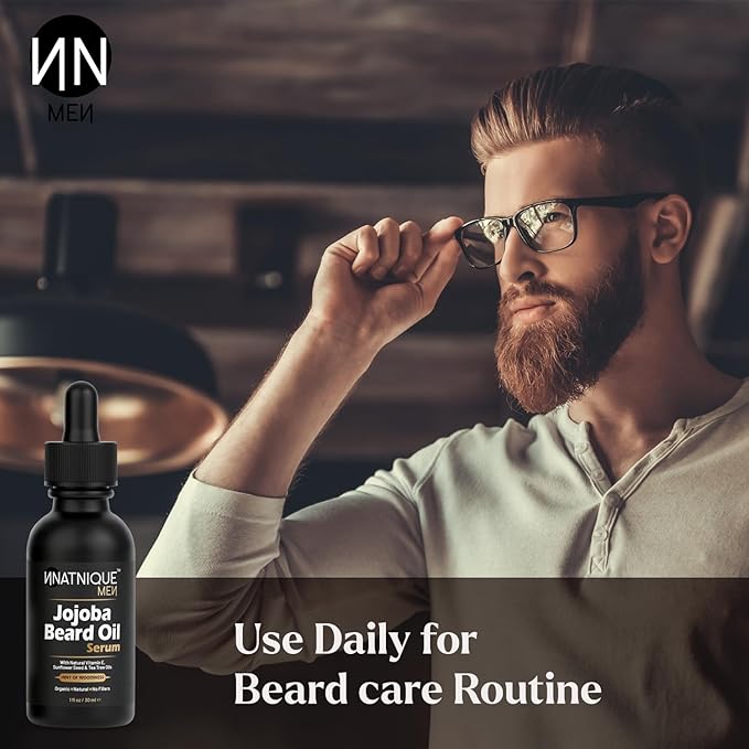 Natnique Jojoba Beard Oil for Men with Vitamin E & Tea Tree – Organic Conditioner & Growth Oil – Moisturizer for Facial Hair, Mustache & Dry Skin – Softener for Itch, Dandruff & Grooming Care – 1 oz