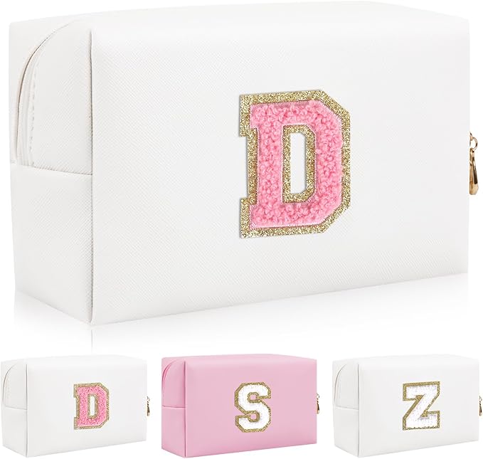 Personalized Initial Letter Patch Makeup Bag, Preppy Portable Chenille Cosmetic Bag with Zipper, PU Leather Waterproof Travel Toiletry Bag Monogram Make Up Pouch for Women Girls