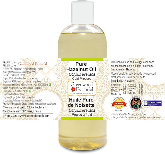 Greenwood Essential Pure Hazelnut Oil (Corylus avellana) Cold Pressed 200ml (6.76 oz)