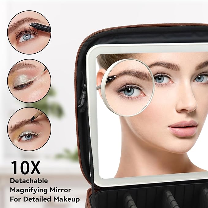 Travel Makeup Bag with LED Mirror and 10x magnifying glass with 3 Lighted Settings, Adjustable Dividers and Makeup Brush Storage Bag Dark Brown