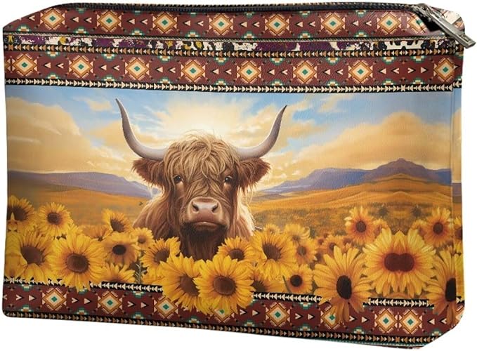 COEQINE Sunflower Purse Leather Cosmetic Wallet for Women Western Party Bag Elehant Cosmetic Pouch With Zipper Cute Highland Cow Purses Cosmetic Wallet for Travel Birthday Party