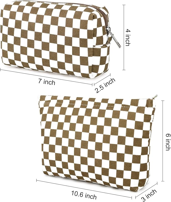 SOIDRAM 2 Pcs Checkered Makeup Bag Large Cosmetic Bag Toiletry Bag Makeup Pouch Travel Bag Organizer Cute Makeup Brushes Aesthetic Accessories Storage Bag for Women Coffee Brown