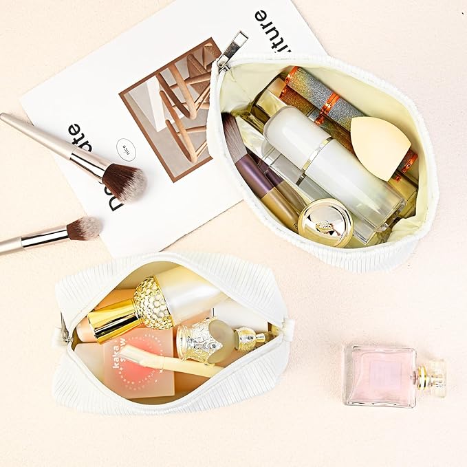 SOIDRAM 2 Pcs Corduroy Makeup Bag Large Cosmetic Bag Toiletry Bag Makeup Pouch Travel Bag Organizer Cute Makeup Brushes Aesthetic Accessories Storage Bag for Women White