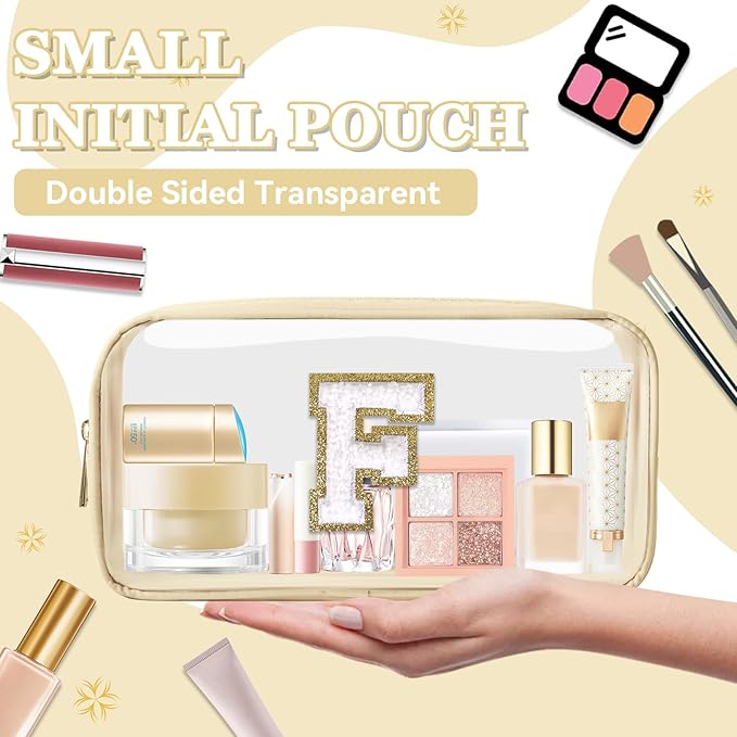 Small Clear Personalized Initial Makeup Bag,Nylon Preppy A-Z Chenille Letter Patch Cosmetic Pouch Beach Toiletry Bag,Waterproof Zipper Travel Purse Storage Bag Organizer for Women Girls(Beige-White F)
