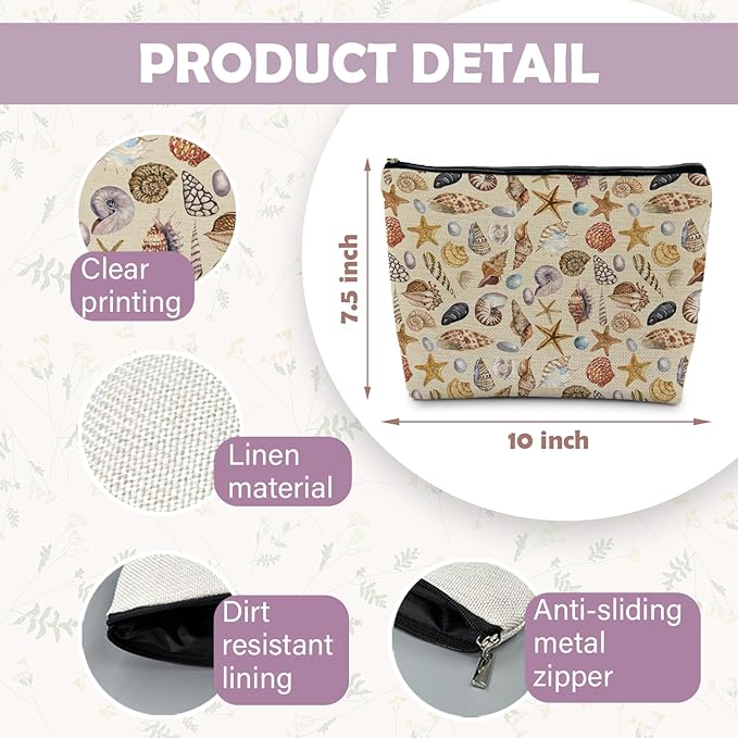 Costal Beach Makeup Cosmetic Bag for Women - Women's Beach Gifts, Seashell Starfish Beachy Small Makeup Bag Pouch for Purse