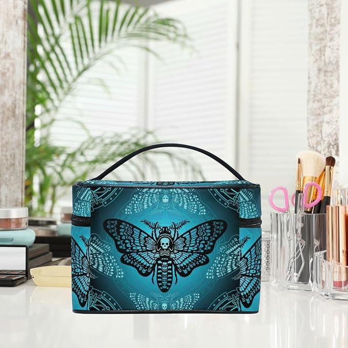Makeup Bags, Gothic Blue Skull Moth Butterfly Makeup Organizer Bags Toiletry Bag Box Travel Cosmetic Bag Make Up Train Case for Women Teen Girl Ladies
