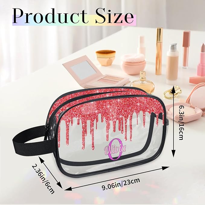 Custom Clear Travel Cosmetic Bag with Name, Personalized Transparent Large Capacity Weekend Toiletry Bag Portable Bathroom Makeup Organizer, Shiny Sparkly Fluid Shape Red Glittering