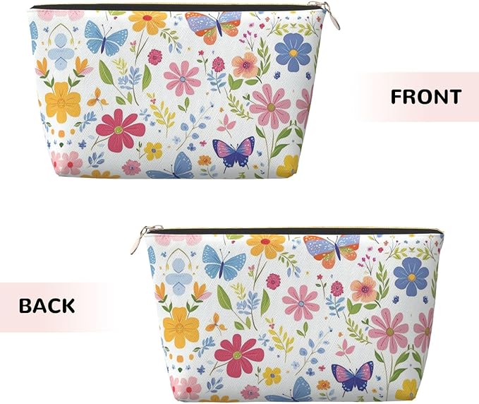 Womens Leather Makeup Bag Cosmetic Bag Travel Toiletry Bags Make Up Bags for Women Adult (Floral Butterflies)