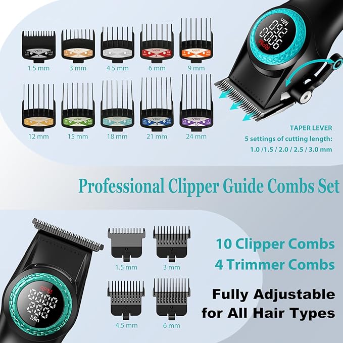 VGR 001 & 977 Professional Hair Clippers for Men, Cordless Barber Clippers and Zero Gap Trimmers Set, DLC Coating Blade Hair Cutting Kit with LED Display, USB Rechargeable Barber Set(Black)