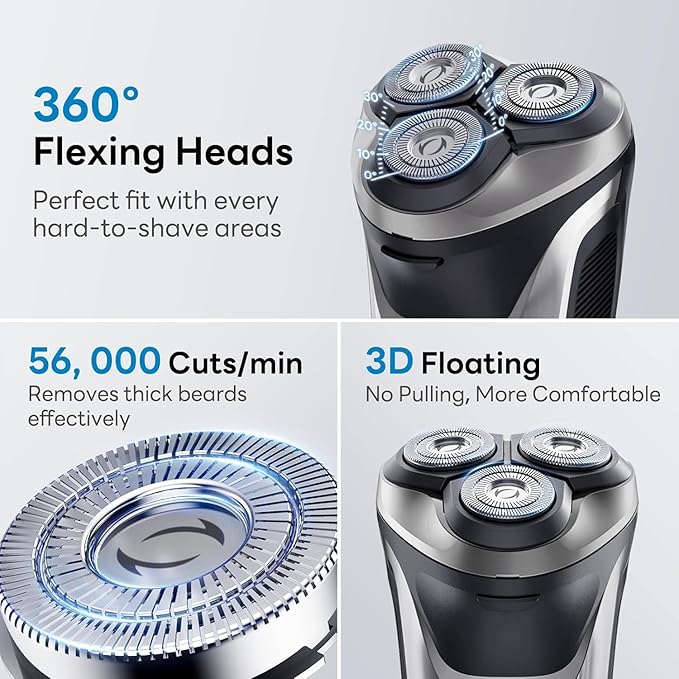 Electric Razor for Men, 100% Waterproof, Gentle on Sensitive Skin, Wet & Dry Rotary Electric Shavers for Men, Pop-up Beard Trimmer, 120 Min Shaving, 1.5H Fast Charge, Ergonomic Men's Shaver