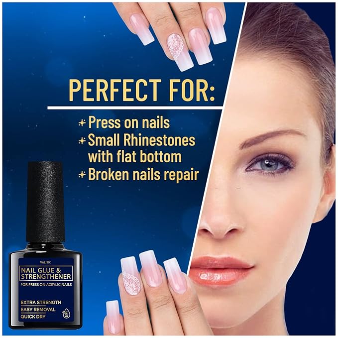 Valitic Strong Nail Glue and Strengthener for Acrylic and Press On Nails - Quick Dry Brush On Gel for Long Lasting Effect - Adhesive Nail Bond for False Nails with Tips Strengthener - 2 PACK