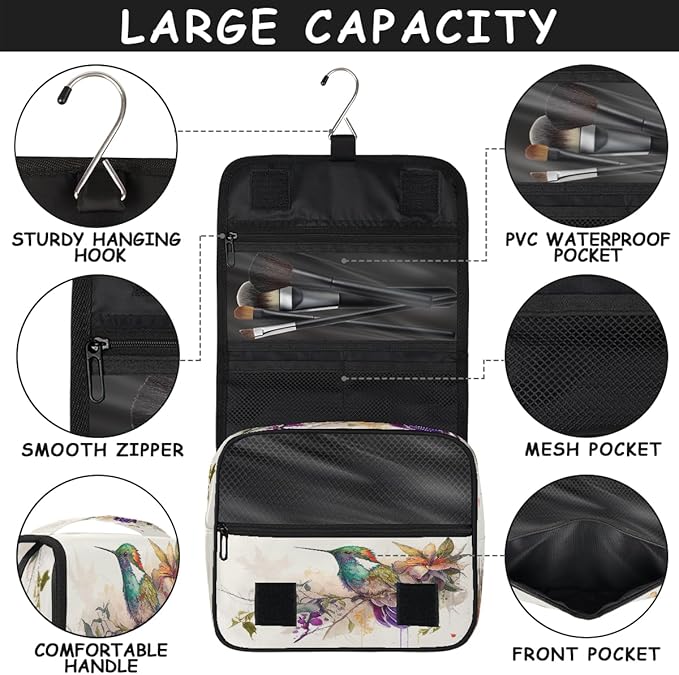 Travel Toiletry Bag for Women & Men Colorful Art Bird Hanging Cosmetic Organizer Portable Waterproof Makeup Case Make Up Bag with Compartments Travel Essentials for Bathroom Shower