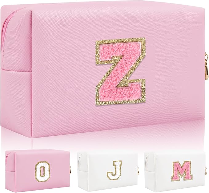 Personalized Initial Letter Patch Makeup Bag, Preppy Small Chenille Cosmetic Bag with Zipper, PU Leather Waterproof Travel Toiletry Bag Monogram Make Up Pouch for Women Girls