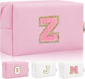 Personalized Initial Letter Patch Makeup Bag, Preppy Small Chenille Cosmetic Bag with Zipper, PU Leather Waterproof Travel Toiletry Bag Monogram Make Up Pouch for Women Girls