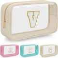 Personalized Initial Clear Makeup Bag, Travel Chenille Patch Cosmetic Bag, Preppy Toiletry Bag Monogram Cosmetic Pouch with Zipper, Ideal Gift for Teen Girls Women (Clear-Beige, V)