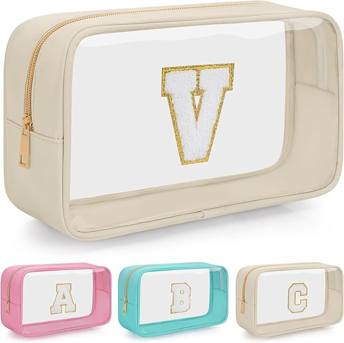 Personalized Initial Clear Makeup Bag, Travel Chenille Patch Cosmetic Bag, Preppy Toiletry Bag Monogram Cosmetic Pouch with Zipper, Ideal Gift for Teen Girls Women (Clear-Beige, V)
