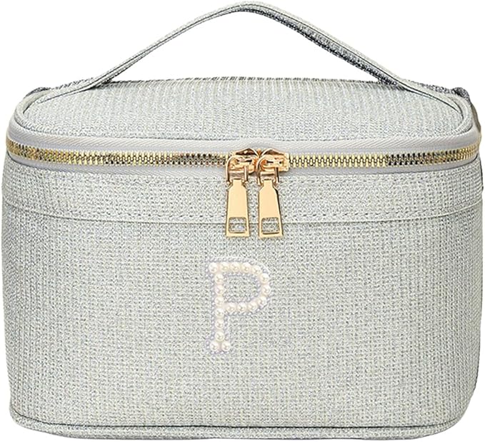 EURYNOME Makeup Bag with Custom Letter P, Water-Resistant Travel Organizer Pouch, (8.3x5.1x5.1 Inch) Cosmetic Case for Women