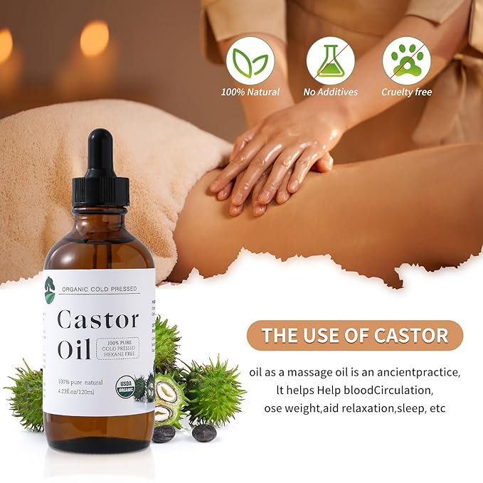 Organic Castor Oil Cold Pressed Unrefined - Hair Growth & Care, Thicker Eyelashes & Eyebrows (4.23FlOz) - Certified Organic, Hexane Free
