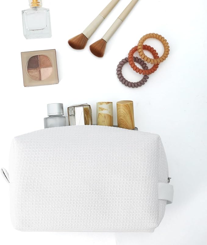 DYSHAYEN Waffle Makeup Pouch Bag, Small Travel Cosmetic Bag, Gifts for Women Bridesmaid,Wedding,Christmas (White)