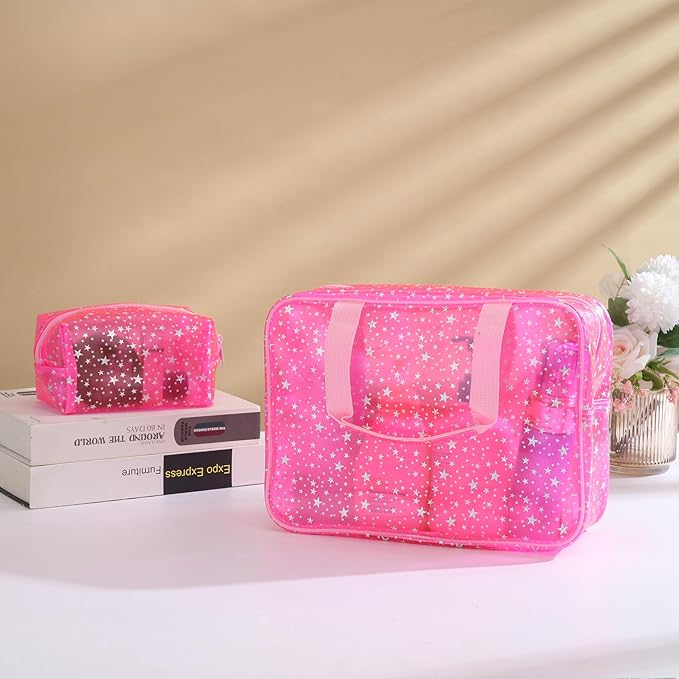 Yaopeing 2Pcs PVC Clear Makeup Bag Organizer for Women,Star Transparent Cosmetic Case Travel Toiletry Pouch with Zipper,Large Make Up Purse for Daily Accessory,Pink