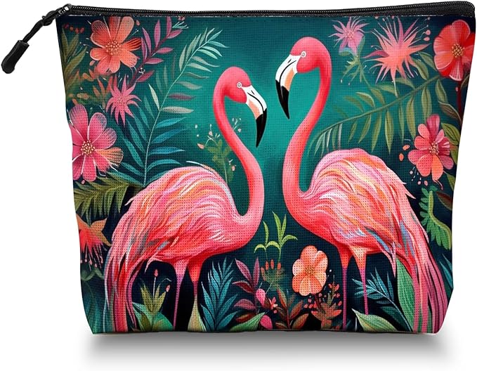 Cosmetic Bags Travel Makeup Toilet Case Waterproof Pouch for Women Girls 6.7X9.45inches - Two Flamingos in A Tropical Floral Setting