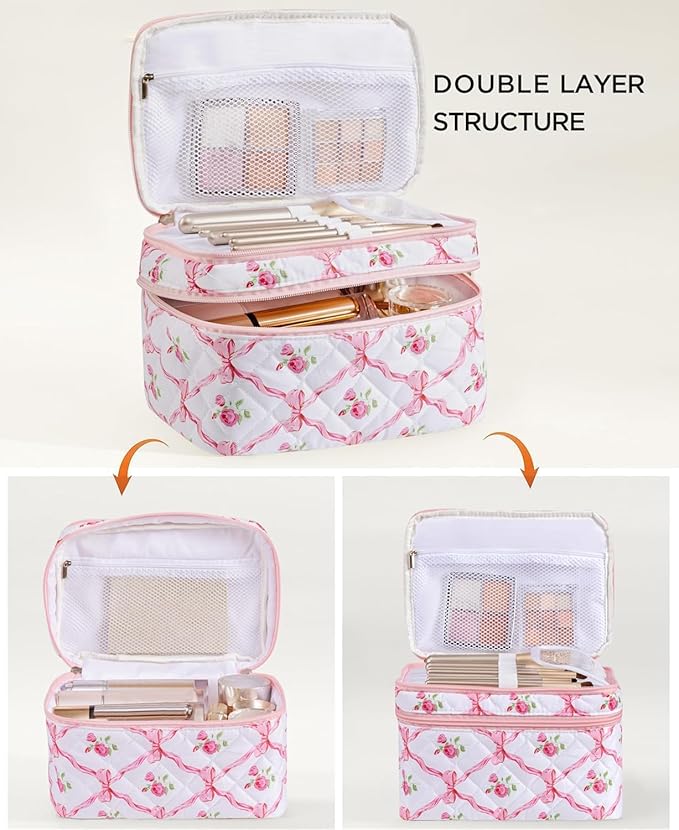 HBselect 2Pcs Travel Makeup Bag, Large Cotton Quilted Makeup Bag Cosmetic Bag Cute Make up Bag Toiletry Bags for Women Girls