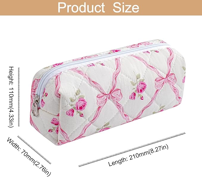 Cute Floral Cotton Makeup Brush Cosmetic Bag for Women, Travel Quilted Zipper Make Up Bag, Flowers Toiletry Organizer Case Kawaii Makeup Cosmetic Travel Cloth Pouch (Pink Bowknot+Blue Bowknot)