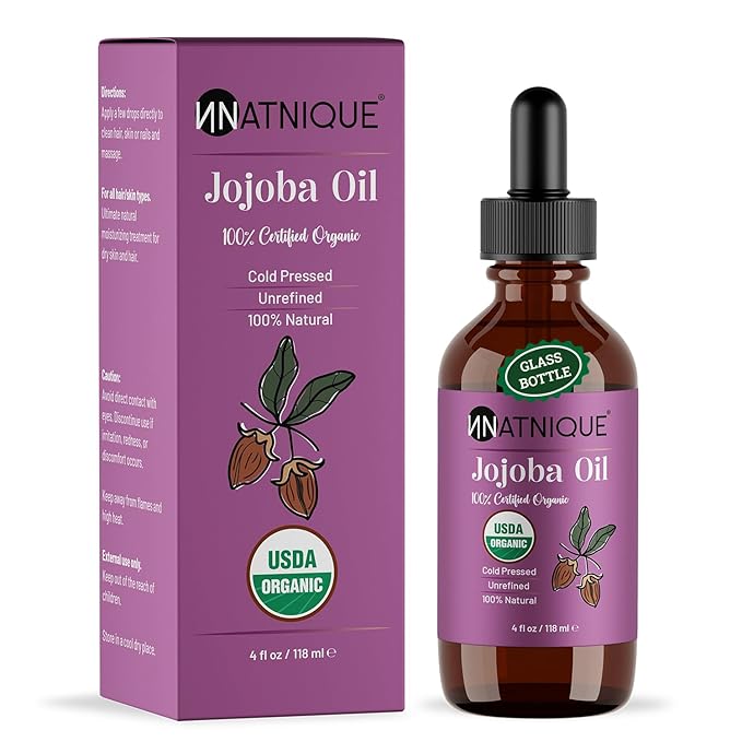 Natnique Organic Jojoba 4oz – USDA Certified, Cold Pressed, Unrefined & Hexane-Free – Pure Moisturizer for Hair Growth, Face, Skin, Beard, Scalp, Nails & Cuticles – Natural Facial, Body & Massage Care