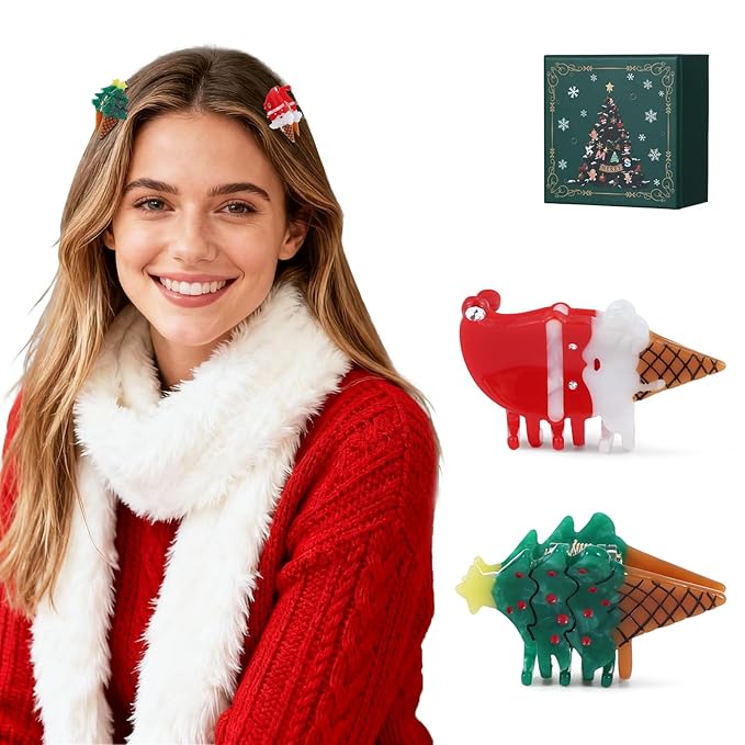 Original Italian Designed Mini Christmas Hair Claw Clips for Women, Strong Grip Plant-Based Acetate Hair Clips for Girls, Cute Christmas Tree Santa Ice Cream Hair Accessories With Gift Box 2pcs