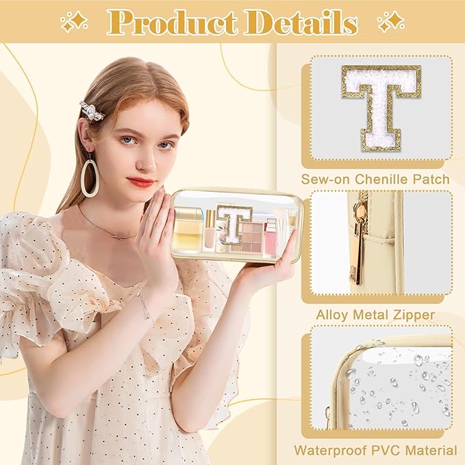 Personalized Initial Letter Clear Makeup Bag,Preppy Small Nylon&PVC Cosmetic Zipper Bag with Chenille Letter,Portable Beach Travel Skincare Toiletry Bag,Trendy Monogram Gift for Teen Girls Women,T