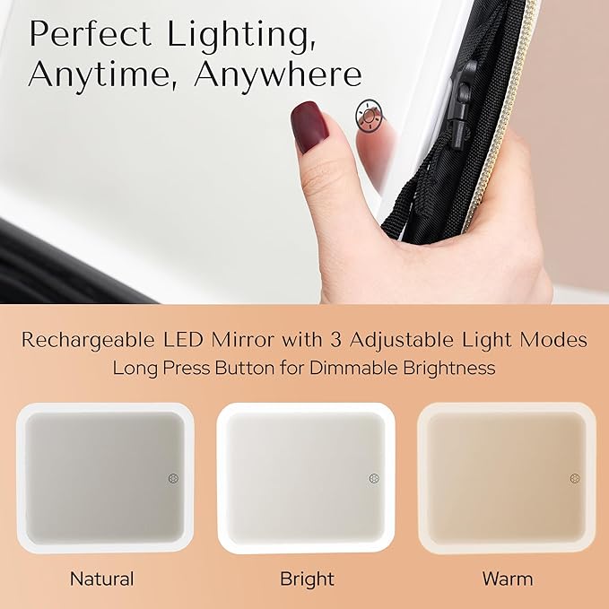 Makeup Bag with LED Mirror – Travel Cosmetic Organizer with Lighted Mirror, Adjustable Dividers & Brush Holder Storage – Portable PU Leather Makeup Case for Women & Girls - Black