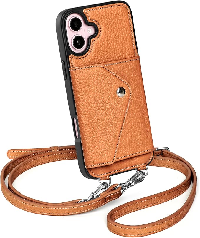 LUCKYCOIN Crossbody Wallet Phone Case for iPhone 16 Plus,100% Genuine Leather Wallet Phone Case with Expandable Flip Card Holder,Phone Purse for Women with Adjustable Removable Strap - Pebble Brown