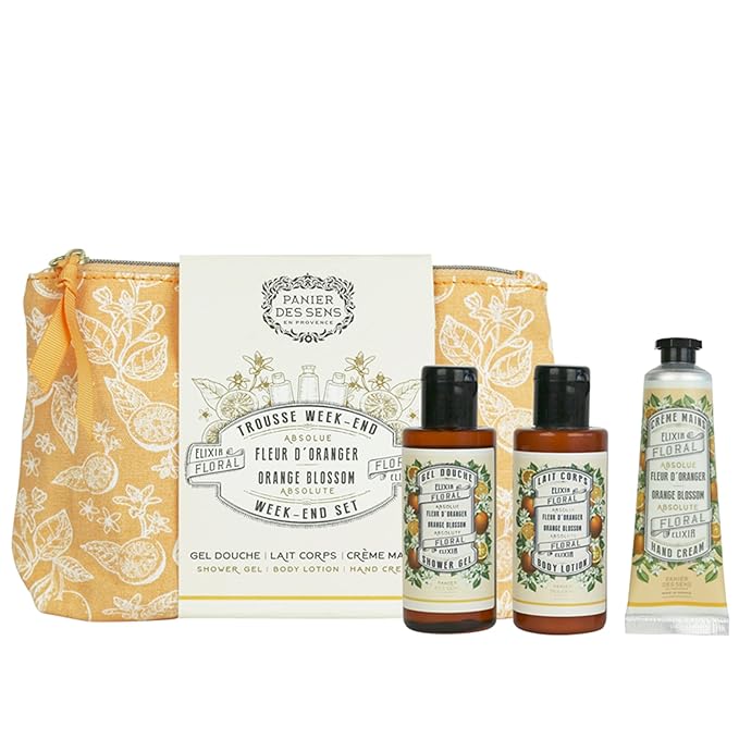 Panier des Sens - Travel Pouch Orange Blossom Gift Set - Shower Gel 3.3 fl oz + Body Lotion 3.3 fl oz + Hand Cream 1 fl oz - 97% Natural Ingredients - Made in France, Vegan Friendly Body Care