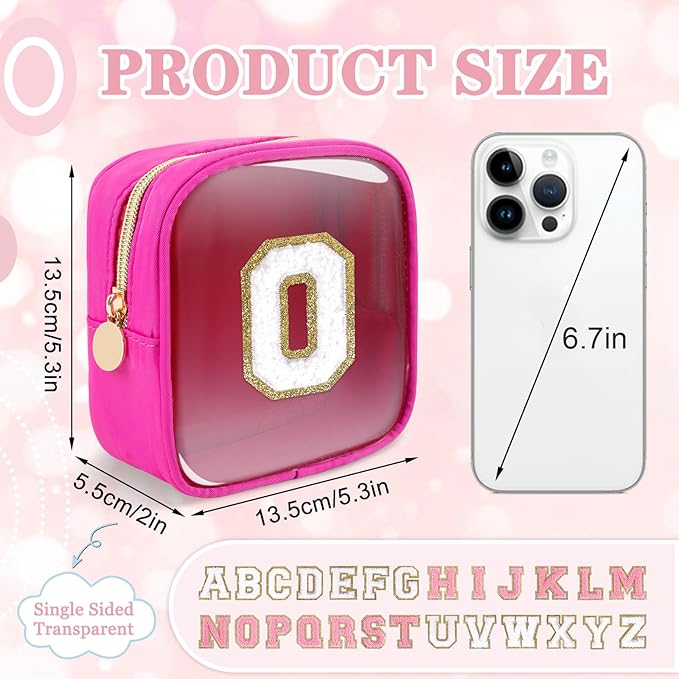 Mini Clear Personalized Initial Makeup Bag,Small Nylon Waterproof Zip Beach Cosmetic Pouch,Preppy A-Z Chenille Letter Patch Cute Coin Purse Travel Toiletry Bag Car Pack Bag for Women(Hot Pink-White O)