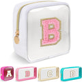 Mini Clear Personalized Initial Makeup Bag,Nylon Preppy A-Z Chenille Letter Patch Zipper Cosmetic Bag, Small Cute Beach Pouch Travel Purse Sanitary Napkin Storage Bag for Women Girls(White-Pink B)