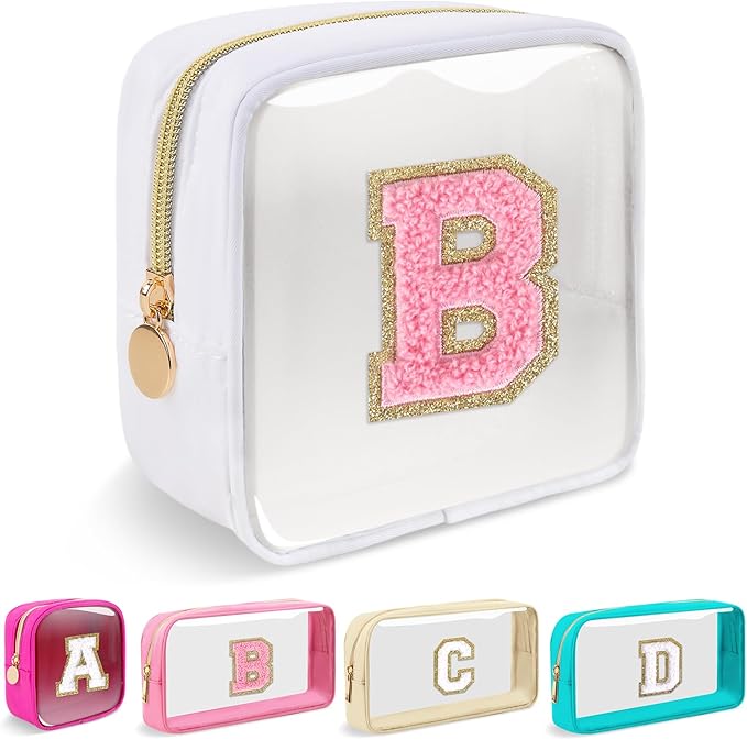 Mini Clear Personalized Initial Makeup Bag,Nylon Preppy A-Z Chenille Letter Patch Zipper Cosmetic Bag, Small Cute Beach Pouch Travel Purse Sanitary Napkin Storage Bag for Women Girls(White-Pink B)