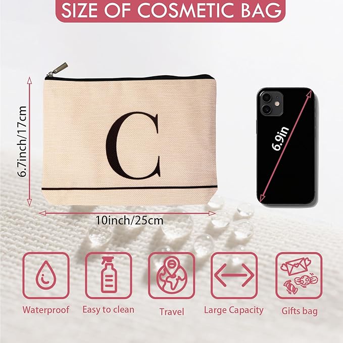 Letter A-Z Initial Personalized Makeup Bags, Birthday Gifts for Women, Monogrammed Gifts for Women Mom Sister Best Friend Bride Bridesmaid, Mothers Day, Christmas, Small Travel Cosmetic Bag (C)