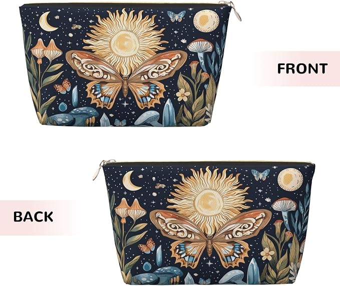Womens Leather Makeup Bag Cosmetic Bag Travel Toiletry Bags Make Up Bags for Women Adult (Boho Sun-Moon)