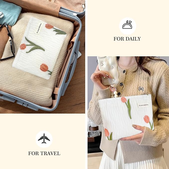 STARDW Aesthetic Floral Makeup Bag Cute Small Cosmetic Bags for Women Girls, Travel Toiletry Bag Large Capacity Zipper Makeup Pouch, Purse Organizer Pouches (Tulip White)