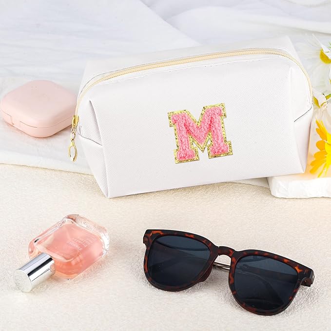 Initial Makeup Bag Personalized Preppy Travel Small Cosmetic Bag Cute PU White Chenille Letter Makeup Pouch for Purse Waterproof Zippered Toiletry Organizer for Women Girl Kid Friends (M)