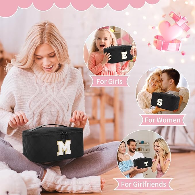 OCHEAL Makeup Bag for Women, Monogram Cosmetic Bag with Brush Holder,Black Travel Makeup Case Beauty Toiletry Bag Organizer Personalized Gifts for Girls Bridesmaid, Sister, Wife, Friends Initial M