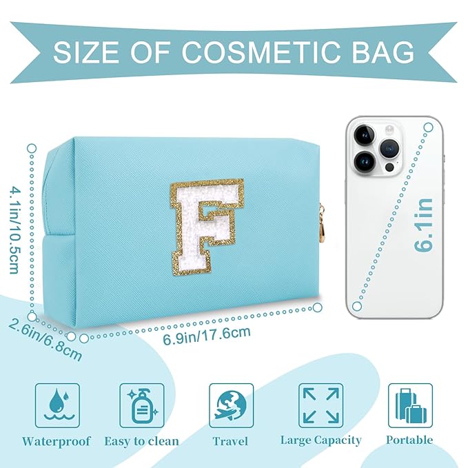 Small Personalized Initial A-Z Preppy Patch Makeup Bag,PU Chenille Letter Travel Cosmetic Pouch with Zipper,Blue Cute Toiletry Bag,Gift Ideal for Teen Girls Women Teacher Bridesmaid,Letter F