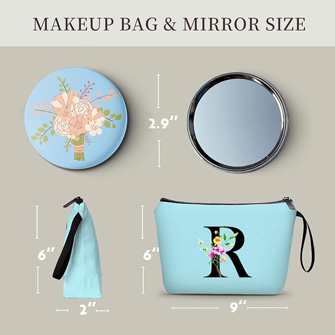 Women Birthday Maid of Honor Monogrammed Gifts for Bride Bridesmaid Sister Friend Her Teacher Makeup Cosmetic Bag with Mirror Mothers Day Christmas Graduation R