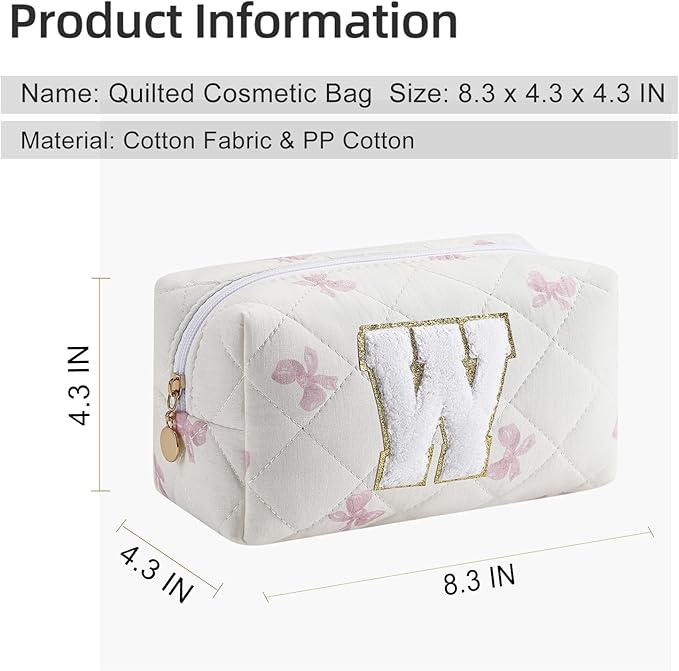 Gleyemor Personalized Initial Makeup Bag for Women, Cute Quilted Pink Floral Cotton Cosmetic Bag, Christmas Gifts for Her Mom Friend Sister Bridesmaid Teacher Women W