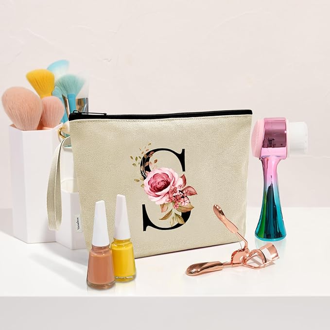 Vavabox A-Z Personalized Makeup Bag, Birthday Gifts for Women Mom, Gifts for Best Friend, Bride Bridesmaid Cosmetic bag (S, Yellow)