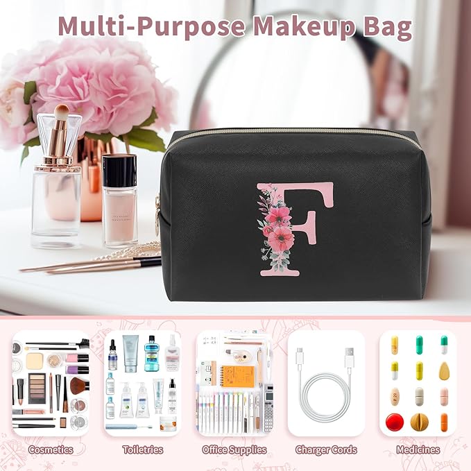 Personalized Initial Makeup Bag, Birthday Gifts for Women and Girls, Small Makeup Pouch Travel Toiletry Bag, Make Up Organizer Bag Gift Trendy Stuff for Friend Mom Teacher, Black