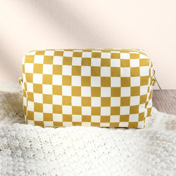 SOIDRAM 2 Pcs Checkered Makeup Bag Large Cosmetic Bag Toiletry Bag Makeup Pouch Travel Bag Organizer Cute Makeup Brushes Aesthetic Accessories Storage Bag for Women Golden Yellow