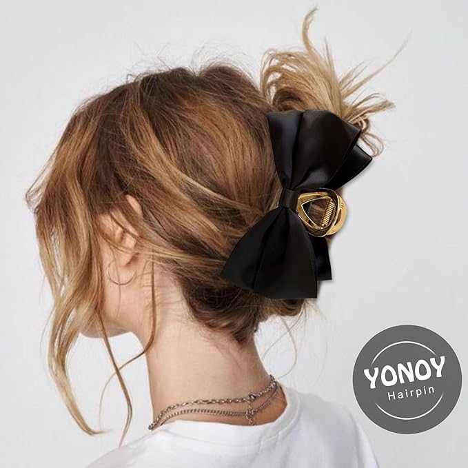 YONOY 3PCS Metal Claw Hair Clips for Women & Girls - Premium Bow-knot Nonslip Claw Clips for Thick & Thin Hair, Big Bows (Black, White, Khaki)
