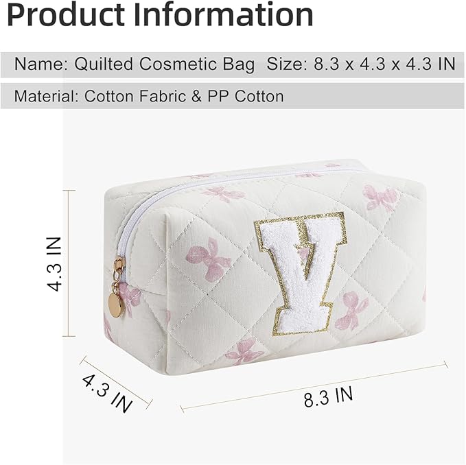 Gleyemor Personalized Initial Makeup Bag for Women, Cute Quilted Pink Floral Cotton Cosmetic Bag, Christmas Gifts for Her Mom Friend Sister Bridesmaid Teacher Women V
