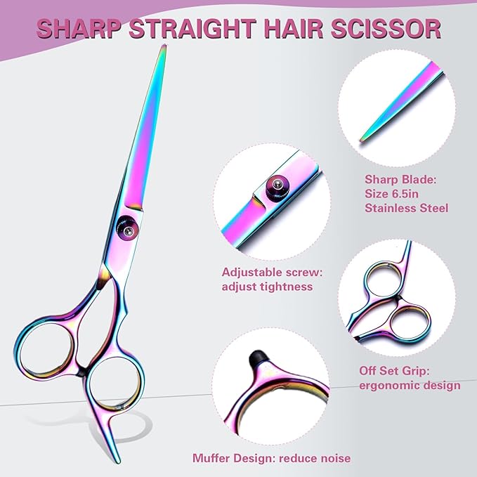 Hair Cutting Scissors Kit 11PCS, Professional Haircut Scissors with Japanese Stainless Steel Shears, Thinning Shears, Haircut Accessories in Leather Case for Salon/Home (Rainbow)